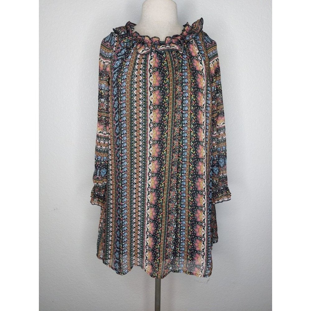 Truly Me Womens Top Size 12 Boho Long Sleeve Black Floral Print Shirt Long Lined